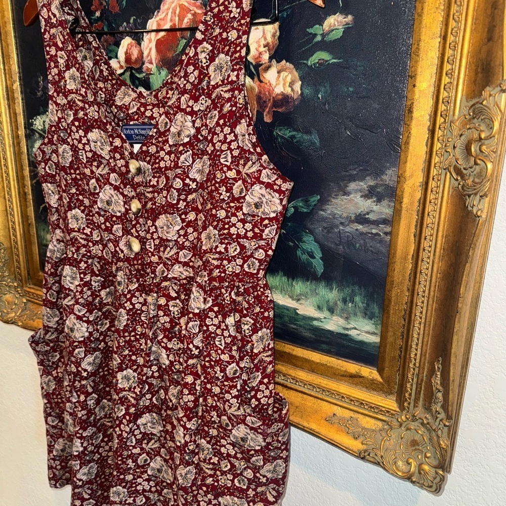 Norton McNaughton Vintage Burgundy Floral V-Neck Mini Dress Size M Pockets